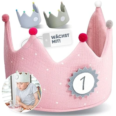 Afbeelding van NeLi Verjaardagskrans voor kinderen, chiffon, cijfers 1 9, meisjes en jongens, feestdecoratie, hoed, stoffen kroon, in drie kleuren (roze)