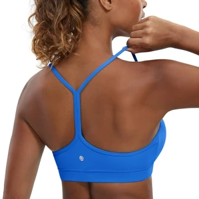 Afbeelding van CRZ Yoga Dames lage impact gevoerde sportbeha Y Racer Back Spaghetti Straps Bra Tops, Sprankelend blauw