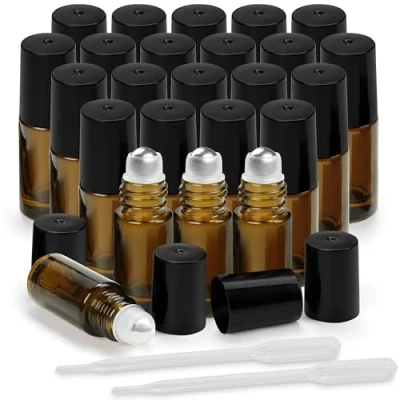 Afbeelding van Belle Vous Essential Olie Rollerflessjes (24 Stuks) 3 ml Amberkleurige Glazen Flessen Navulbare met Roestvrijstalen Rollerballetjes en Druppelaars voor Olie, Geuren/Parfum Aromatherapie