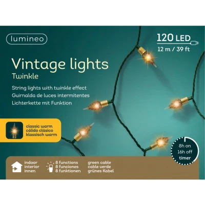Afbeelding van Lumineo Kerstverlichting 120 vintage led lampjes 1190 cm 8 functies groen snoer