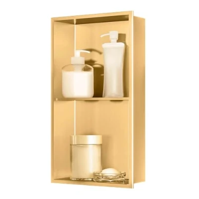 Afbeelding van sunrik Badkamernis, wandnis voor douche, roestvrij staal, dubbele laag, inbouwdouchenis, 30 x 60 10 cm, goud