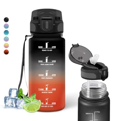 Image de Gourde pour enfants, bouteille d&#039;eau 0,5 litre, avec paille, sans fuite, de motivation échelle temps, facile à nettoyer, horaires boire,