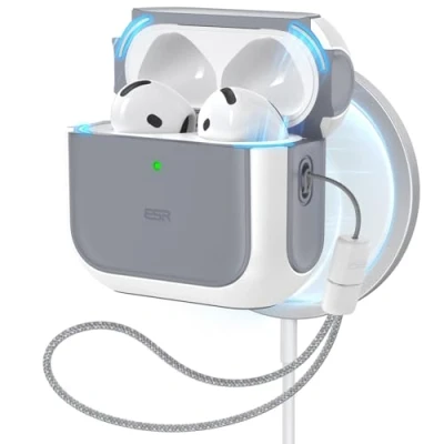 Afbeelding van ESR Beschermhoes voor AirPods 4 (2024), compatibel met 4e generatie (USB C), MagSafe, valbescherming koord, magnetische afdekking, Orbit serie, wit
