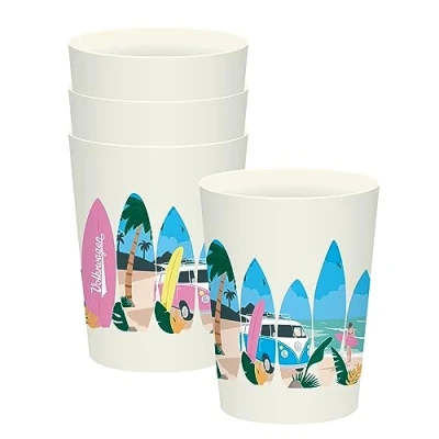 Afbeelding van Set Picknick/Camping Bekers RPET Volkswagen T1 Campers Waves are Calling 4 stuks 450ml 13x9cm