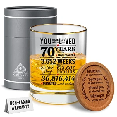 Afbeelding van CROWNLY CRYSTAL® cadeau voor heren, 70 jaar, whiskyglas, origineel, decoratie 70e verjaardag, opa, vader, huwelijkscadeau