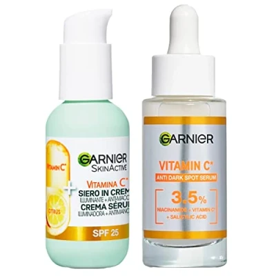Afbeelding van Garnier Anti vlek gezichtsserum met vitamine C en salicylzuur, verlichtend gladmakend effect, 30 ml + in verlichtende crème tegen vlekken SPF 25, 50 2 producten