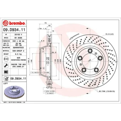 Afbeelding van BREMBO 09.D934.11 Remschijf 330 28 5 geperforeerd/interne ventilatie Gecoat High carbon Met schroeven PORSCHE: 911 Coupe, Convertible