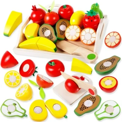 Afbeelding van AQXONG 14 delige houten keukenspeelgoed voor kinderen, fruitset van hout educatief speelgoed hout, fruitspeelgoed jongens en meisjes vanaf 3 jaar