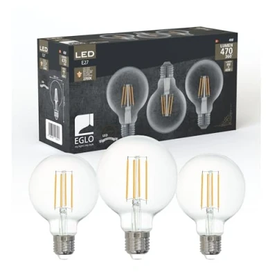 Afbeelding van EGLO Set van 3 E27 LED gloeilampen, licht vintage gloeidraad, elk 4 watt, wereldbol, warm wit licht, 2700 K, 470 lumen, G80 retro lamp, Ø 8 cm