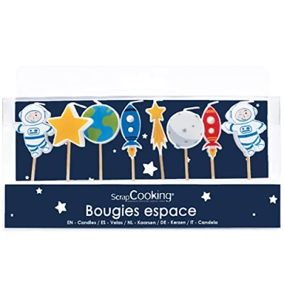 Afbeelding van Scrap Cooking 5060 Set met 8 ruimtekaarsen, originele decoratie, hout, paraffine, cake, accessoires, verjaardag, feest, kinderen, cupcake, gebak, ruimtevaartuig, astronaut ster