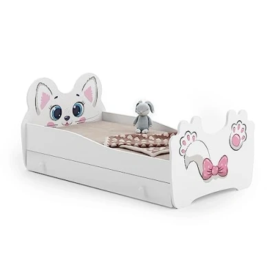 Afbeelding van KOBI Kinderbed, meisjesbed, met matras en frame, babykamer, eenpersoonsbed barrière, wit, 140 x 70 cm, kat, lade