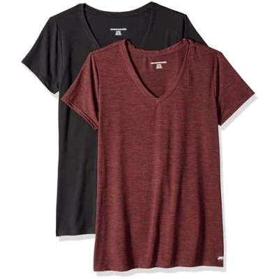 Image de Amazon Essentials T shirt Tech à manches courtes et col en V, extensible (disponible grande taille) Dames, 2 Pack, Bordeaux Teinture Spatiale/Noir, M