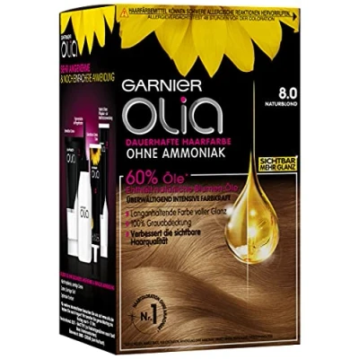 Afbeelding van Garnier Olia 3 stuks permanente haarverf zonder ammoniak, met voedende en natuurlijke oliën, volledige dekking van grijs haar, kleuring, nr. 8.0 natuurlijk blond