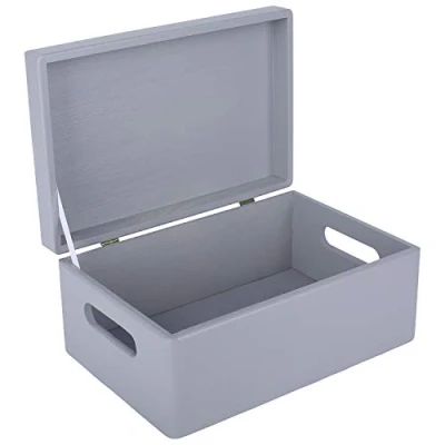 Afbeelding van Creative Deco Grote Houten Opbergkist Grijs 30x20x14cm Met Deksel, Handvat