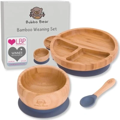Afbeelding van Bubba Bear ® Baby Bamboe Zuigschaal, Bord &amp; Lepel Set Stay Put Peuter Led Voeden Kommen Borden Gratis Gids voor spenen