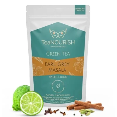 Afbeelding van TeaNOURISH Earl Grey Masala Green Tea Spiced Citrus Darjeeling Loose Gemengd met Indiase aromatische specerijen verrijkt bergamot extract 50 kopjes heet of ijsthee 100 g
