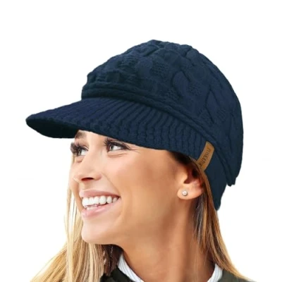 Afbeelding van TOSKATOK R80 Teddy Warme kabelgebreide wintermuts voor dames één maat, marineblauw