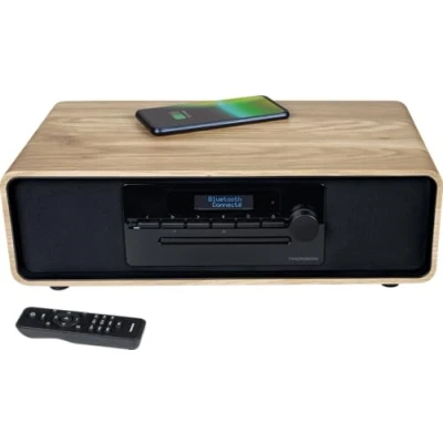 Afbeelding van THOMSON Bluetooth microsysteem hout/zwart radio FM/DAB+/CD/MP3/USB/inductie, 75 W, LCD display, afstandsbediening, voeding. 23