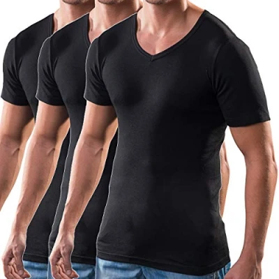 Afbeelding van HERMKO 4880 3 pack heren korte mouwen T shirt V hals (andere kleuren) 100% biologisch katoen, zwart.