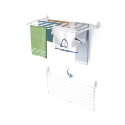 Afbeelding van foxydry Fold Droogrek voor aan de muur, uittrekbaar, verticaal, opvouwbaar, binnen en buiten, van aluminium staal (wit, sluiting naar beneden, 1 x 100)