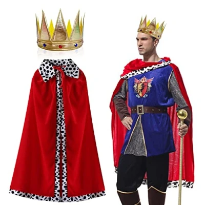 Afbeelding van MIVAIUN Koningsjurk voor volwassenen met kroon, koning en koningin kostuum van rood fluweel, koninklijke cape Halloween, Kerstmis, carnaval, rollenspel mannen vrouwen, 120 cm (rood)