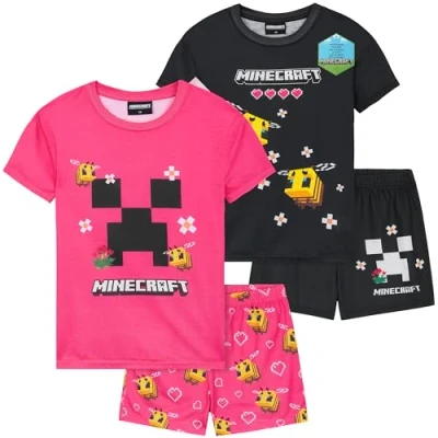 Afbeelding van Get Trend set van 2 pyjama&#039;s voor meisjes en jongeren, kort, meisjes, nachtkleding, pyjama, zomer, vrijetijdskleding, cadeau idee, Zwart/Minecraft roze, 7 8 jaar