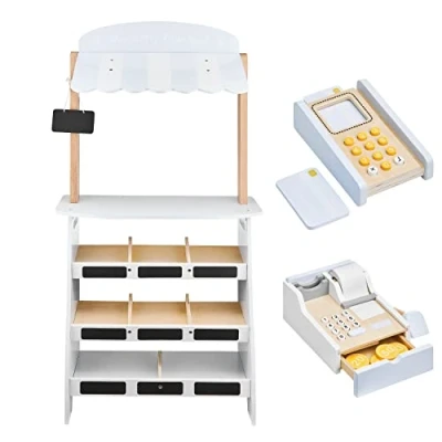 Afbeelding van Mamabrum Kinderhandelaar van hout, 48 x 22,5 99 cm, grote standaard verkoper, imitatiespel, kassa, betaalterminal en accessoires (krijtbord, etiketten)
