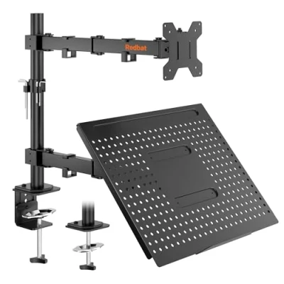 Afbeelding van REDBAT 2 in 1 monitor en laptopstandaard voor monitoren van 13 32 inch laptops tot 16 inch, arm hoogte verstelbaar, kantelbaar, draaibaar draaibaar, maximale belasting 8 kg, VESA 75/100