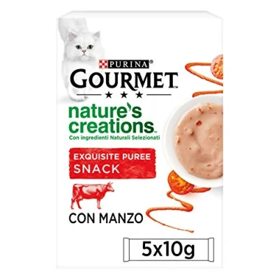 Afbeelding van Purina Gourmet Nature&#039;s Creations Exquisite Puree Snack katten met rundvlees en tomaat, 55 zakjes van 10 g