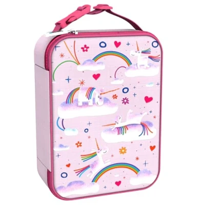 Image de ION8 Sac à Déjeuner Isotherme, Fermeture éclair 3 côtés, Poche pour bouteilles, Lavable, Polyester, Imprimé Rose Licorne