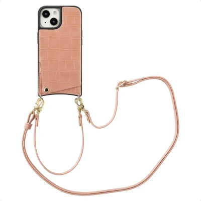 Afbeelding van Selencia Hoesje Geschikt voor iPhone 15 met Pasjeshouder Nova Croco Backcover koord en pashouder Roze