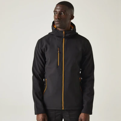 Afbeelding van Regatta Navigate 2 Layer Hooded Softshell Jacket RG705 Black/Orange Pop 3XL