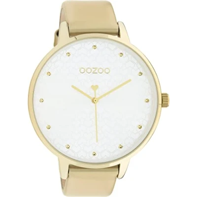 Afbeelding van Oozoo Timepieces Dameshorloge met 18 mm brede leren armband, hoogwaardig dameshorloge, elegant, analoog, rond, Goud, extra groot, bandjes, Riemen