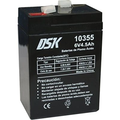 Afbeelding van DSK 10355 Oplaadbare AGM loodbatterij, verzegeld, 6 V, 4,5 Ah. Ideaal voor huishoudelijke en industriële alarmen, elektrisch speelgoed, hekken, weegschalen mobiliteitsapparaten