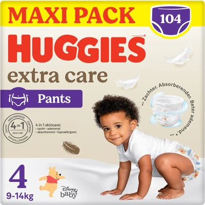 Afbeelding van Huggies® Extra Care baby luierbroekjes, Maat 4 (9 tot 14kg), 104 luiers met zachte elastische tailleband en Disney designs, Maandbox