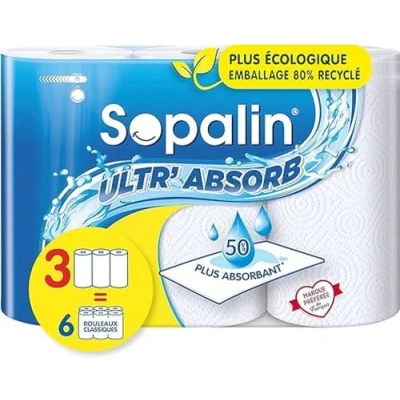 Image de Sopalin Ultr’Absorb 3 Maxi rouleaux 2 fois plus longs = 6 classiques 50% absorbant Demi feuilles Papier certifié FSC Mixte (C017535)