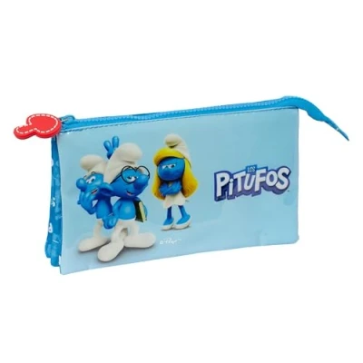 Afbeelding van Pennenetui met 2 vakken Los Pitufos Blauw 22 x 12 3 cm