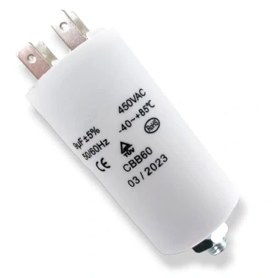 Afbeelding van DL pro Universele motorcondensator 9µF 450V Ø 35 x 65 mm met 6,3 AMP aansluitingen en bevestigingsschroef M8 CBB60 startcondensator voor apparaten