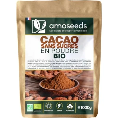 Image de Cacao Sans Sucre en Poudre Bio 1KG 100% de Fèves Dégraissées Goût chocolaté intense Qualité Supérieure