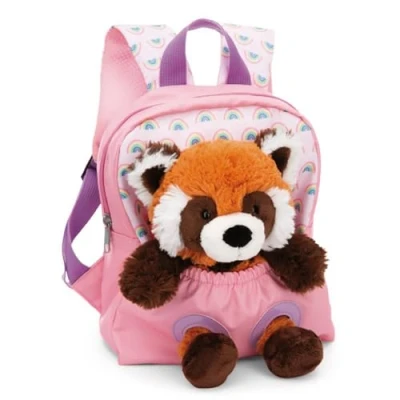 Afbeelding van NICI Kinderrugzak 21 x 26 cm roze met pluche panda rood 25 zachte en pluizige kleuterschool schooltas afneembaar voor jongens meisjes van 2 tot 5 jaar