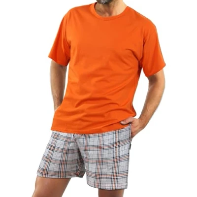 Afbeelding van sesto senso Korte katoenen pyjamaset voor heren, T shirt Oranje; Broek Kariert