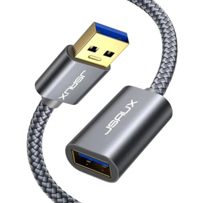 Afbeelding van JSAUX USB 3.0 verlengkabel 1 m, A stekker naar bus nylon 5 Gbps supersnel met vergulde contacten voor kaartlezer, toetsenbord, printer, scanner, camera enz. grijs