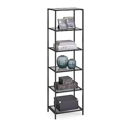 Afbeelding van VASAGLE Badkamerrek met 6 legplanken, gehard glas, eenvoudige montage, voor badkamer, woonkamer, keuken, kantoor, leigrijs, zwarte inkt LGT500G01