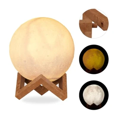 Afbeelding van Relaxdays maanlamp op standaard 3D 2 kleuren nachtlamp draadloos 15 cm dimbaar