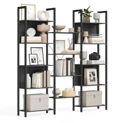 Afbeelding van VASAGLE LLS107B56 Boekenkast, standaard met 14 legplanken, rek metalen frame, voor woonkamer, werkruimte, kantoor, industrie design, 24 x 158 166 cm, ebbenhout zwart