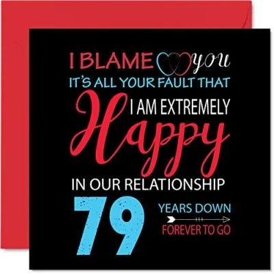 Afbeelding van Grappige kaart voor de 79e verjaardag echtgenoot en echtgenote Your Fault I&#039;m Extremely Happy wenskaart trouwdag partner, 145mm x negenverjaardag