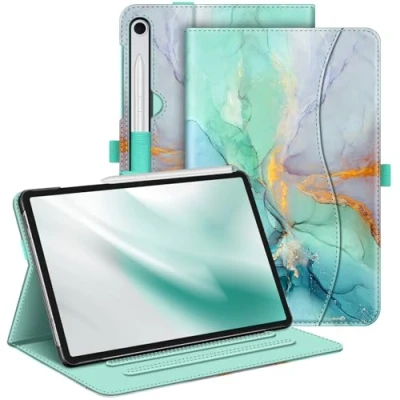 Afbeelding van Fintie Samsung Galaxy Tab S9 FE 10,9 inch / 11 2023 tablethoes, multi hoek beschermhoes met documentenvak en automatische slaap /waakfunctie, smaragdgroen marmer