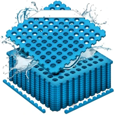 Afbeelding van Hikemeister zwembad tegels 36 stuks 5.76 m² 1 cm dik vloerbescherming foam met rand stukken warmte isolerend drainagegaten anti slip outdoor