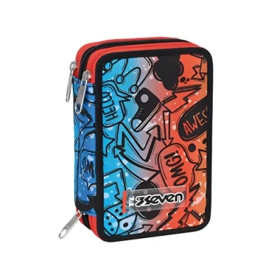 Afbeelding van SEVEN Pennenetui, 3 vakken, blauw, oranje, drievoudig vak, met potloden, markers, kleuren, accessoires voor rugzak, elementair, middelgroot, superieur, Meerkleurig, levendig en kleurrijk,