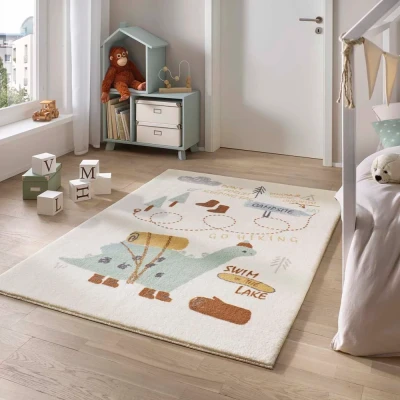 Afbeelding van Zacht Vloerkleed Kinderkamer Dino Camping Crème/multi 80x150 Cm